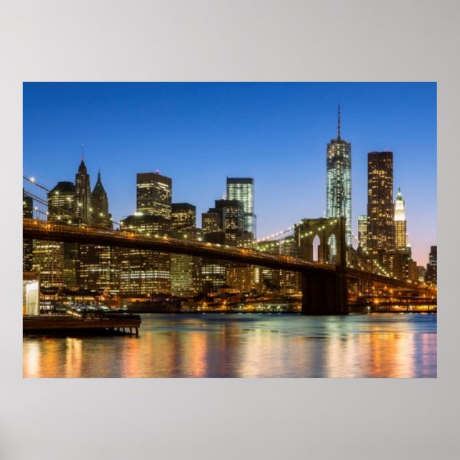 Manhattan and Brooklyn Bridge at dusk Poster (Front)