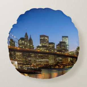 Manhattan and Brooklyn Bridge at dusk Round Cushion