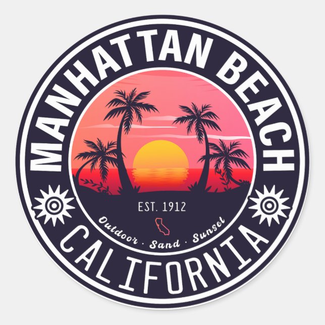 Manhattan Beach California Retro Sunset Souvenirs Classic Round Sticker (Front)
