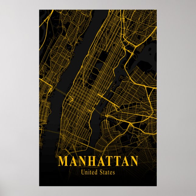 Manhattan City Map Gold NYC Urban Street Map USA Poster (Front)