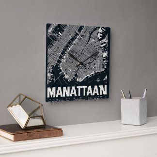 Manhattan Map Illustration  Square Wall Clock