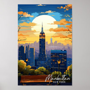 Manhattan New York Art vintage travel illustration Poster