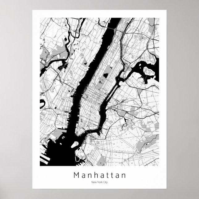 Manhattan New York City Modern Monochrome Map Poster (Front)