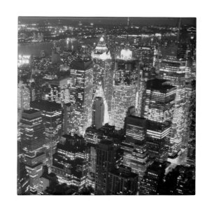 Manhattan New York City Night Black & White Ceramic Tile