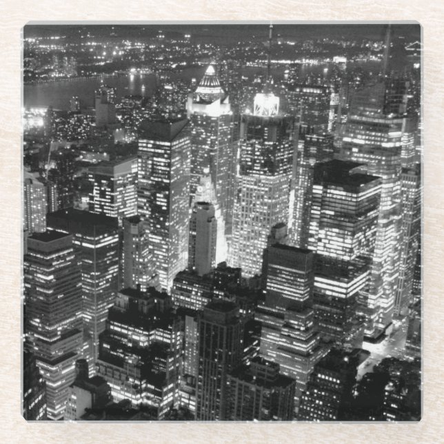 Manhattan New York City Night Black & White Glass Coaster (Front)