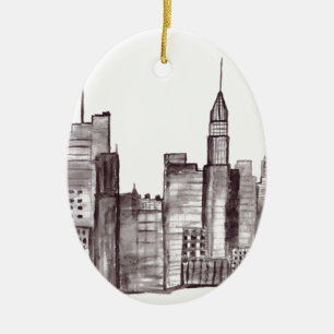 Manhattan New York city watercolor modern black  Ceramic Tree Decoration