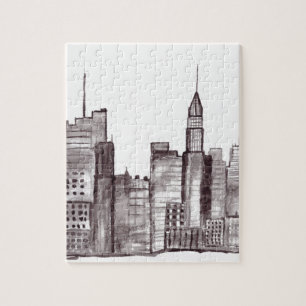 Manhattan New York city watercolor NYC black Jigsaw Puzzle
