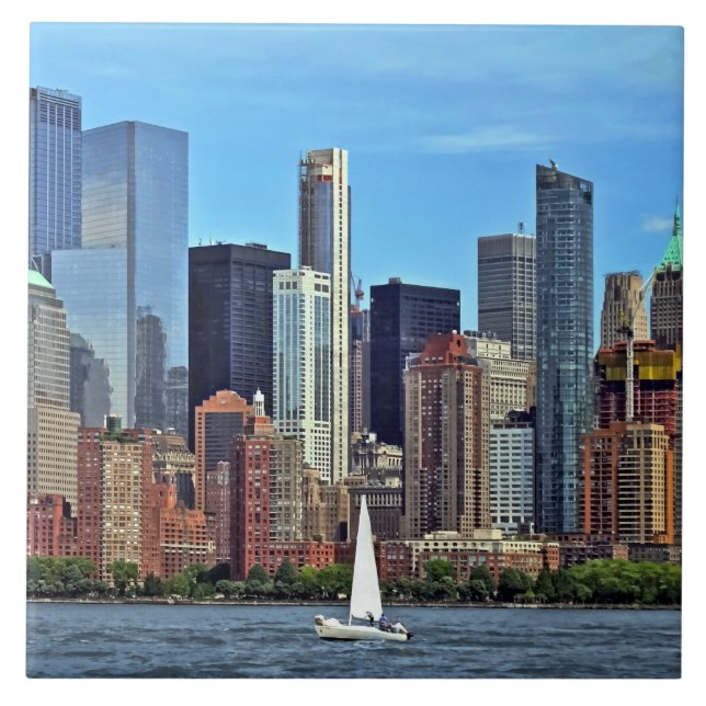 Manhattan NY – Sailboat By Manhattan Skyline Ceramic Tile (Front)