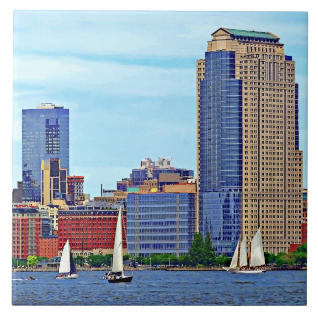 Manhattan NY - Three Boats By Manhattan Skyline Ceramic Tile (Front)