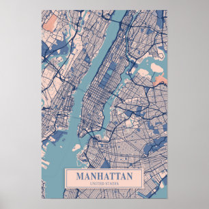 Manhattan NYC USA Breezy City Map Travel Poster