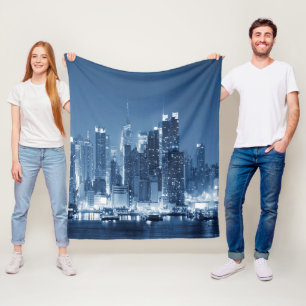 Manhattan Panoramic View Night Skyline Fleece Blanket
