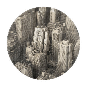Manhattan skyline, black and white aerial. cutting board