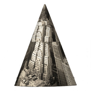 Manhattan skyline, black and white aerial. party hat