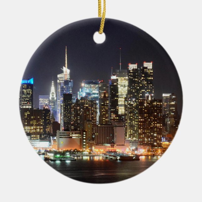 Manhattan Skyline New York at night Ceramic Tree Decoration (Front)