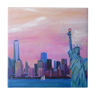 Manhattan Skyline with Statue of Liberty Ceramic Tile