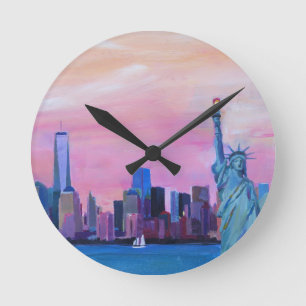 Manhattan Skyline with Statue of Liberty Round Clock