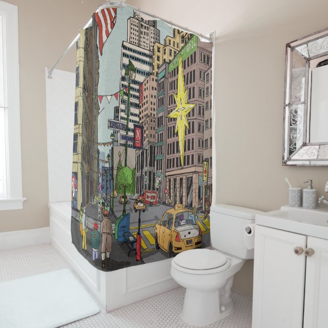 Manhattan Winter New York Christmas Illustration Shower Curtain (In Situ)