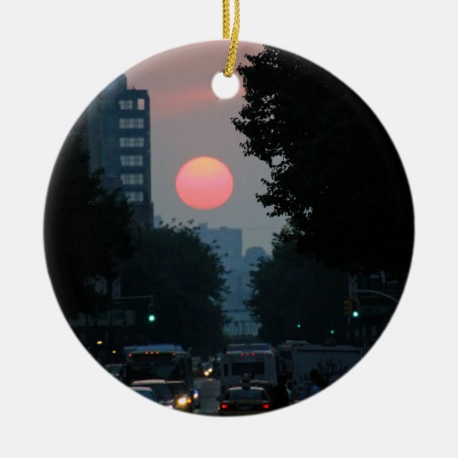 Manhattanhenge: setting pinkish orange sun ceramic tree decoration (Front)
