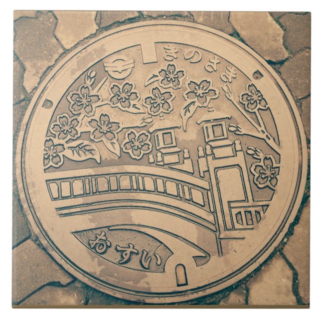Manhole cover and cobblestone road ceramic tile (Front)
