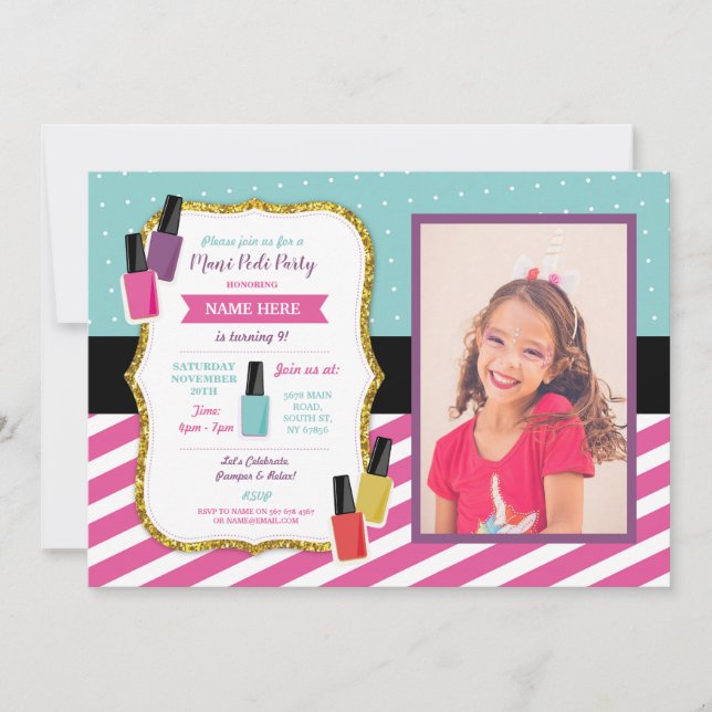 Mani Pedi Beauty Birthday Party Pamper Photo Pink Invitation (Front)