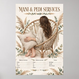 Mani & Pedi Services Boho Price List Poster