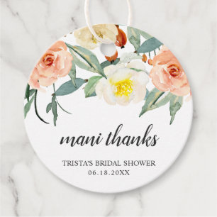 Mani Thanks Peach Watercolor Floral Bridal Shower Favour Tags
