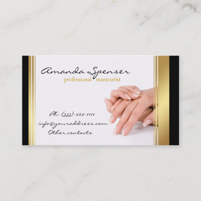 Manicure Black & Gold Border White Business Card (Front)