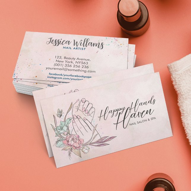 Manicure Hands and Flowers - Watercolor  Business Card (Creator Uploaded)
