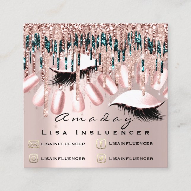Manicure Nail Artist Drips Glitter Social Rose Square Business Card (Front)