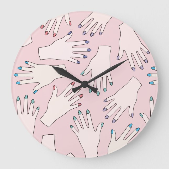 Manicured Hands Nail Studio Pink Pastel Pattern Large Clock (Front)