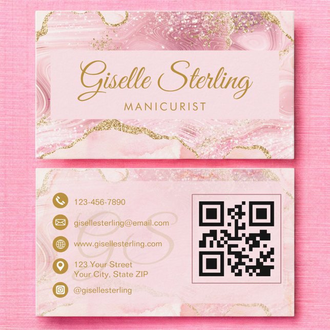 Manicurist Blush Pink Gold Agate QR Code Business Card (Creator Uploaded)