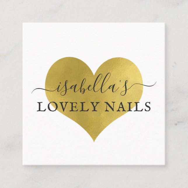 Manicurist Nail Salon Gold Foil Heart Script Square Business Card (Front)