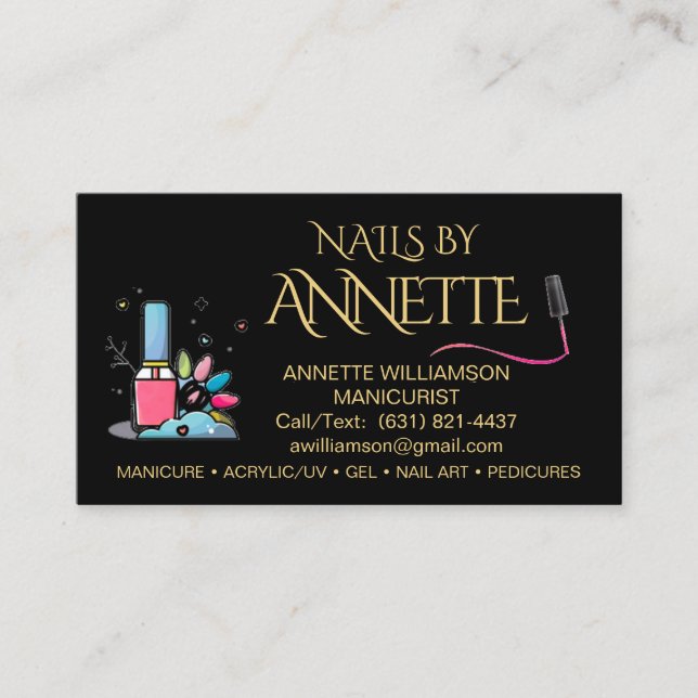 Manicurist Nail Technician Black Gold Name Business Card (Front)