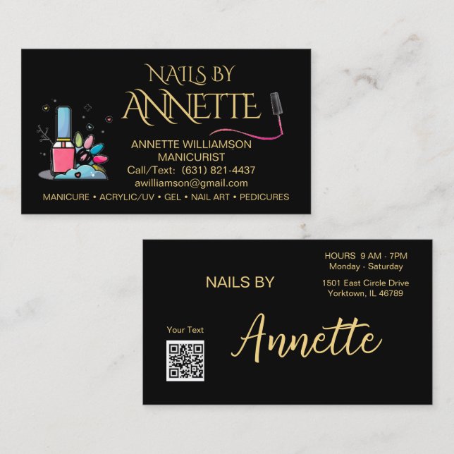 Manicurist Nail Technician Black Gold Name Business Card (Front/Back)