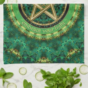 Manifest Your Magic Golden Pentacle Nature Green Tea Towel