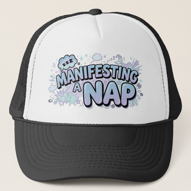 Manifesting A Nap Funny Sleepy Pastel Comic Trucker Hat (Front)