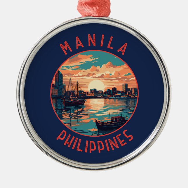 Manila Philippines Retro Distressed Circle Metal Ornament (Front)