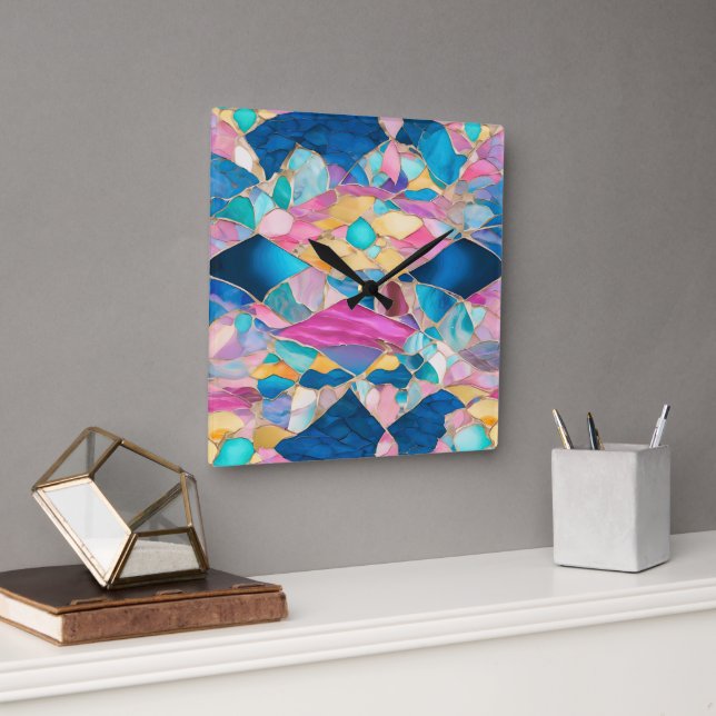 “Manilva” Blue Pink Sand Fractured Waves Square Wall Clock (Office)