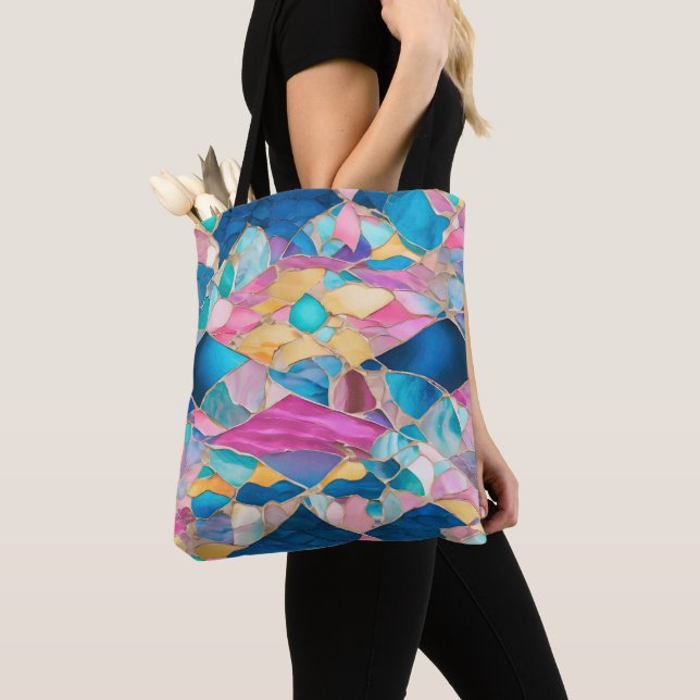 “Manilva” Blue Pink Sand Fractured Waves Tote Bag (Close Up)