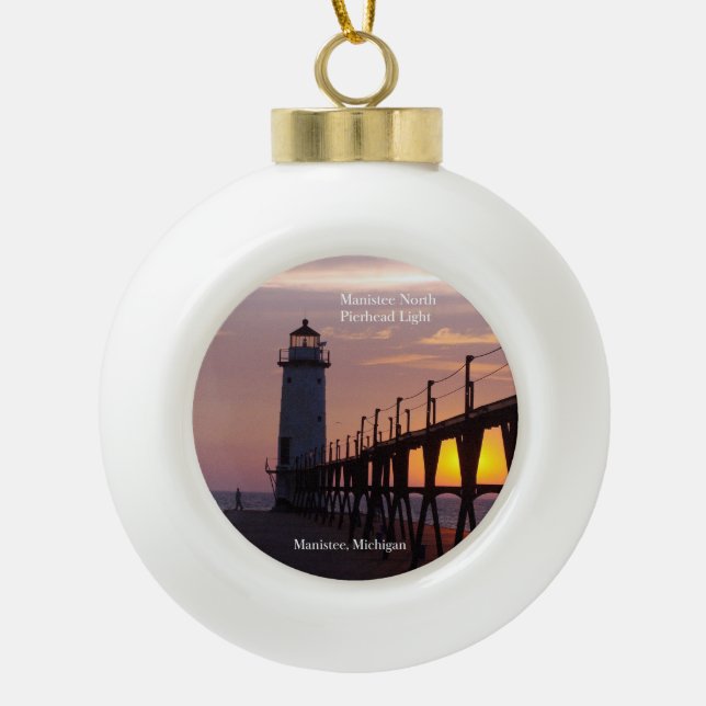 Manistee North Pierhead Light sunset ornament (Front)
