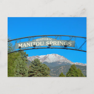 Manitou Springs Sign Framing Pikes Peak, Colorado Postcard