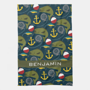 Manly Fisherman Pattern with Custom Name Tea Towel
