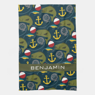 Manly Fisherman Pattern with Custom Name Tea Towel