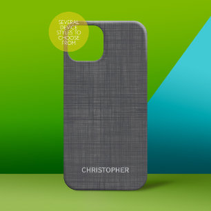 Manly Linen Look with Grey Personalised Name iPhone 15 Case