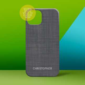 Manly Linen Look with Grey Personalised Name iPhone 15 Case