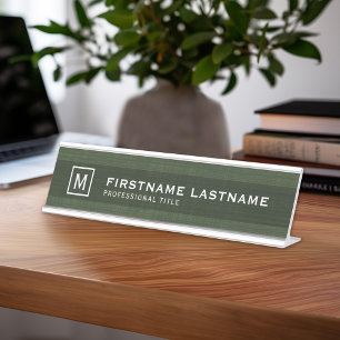 Manly Linen Look with Name Title Monogram Green Desk Name Plate