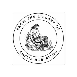 Manly Merman Sculpted Abs and Chain on Rocks Book Rubber Stamp