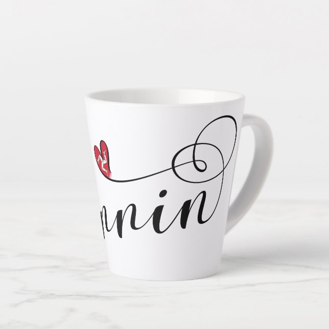 Mannin, Isle of Man Flag Heart, Manx Latte Mug (Right Angle)