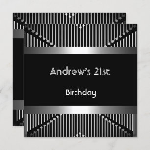 Man's 21st Birthday Party Silver Black Metal Jewel Invitation