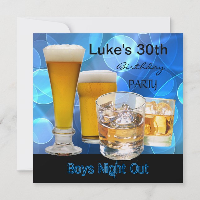 Mans 30th Birthday Blue Drinks Beer Boys Night Invitation (Front)